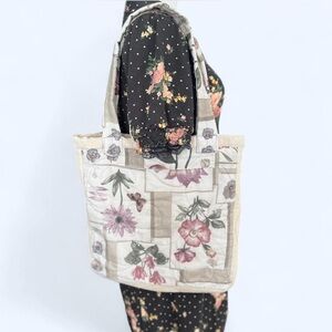 Homemade Cream Floral Wild Flower Boho Fairy Cottagecore Quilted Canvas Tote Bag
